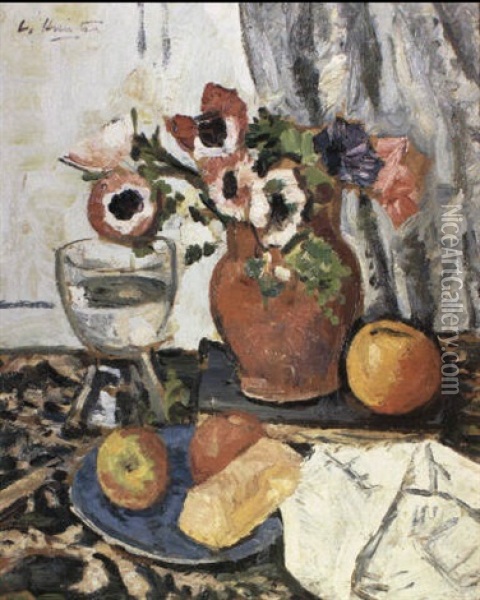 Anemones In A Red Pottery Vase With A Wine Glass And Apples On A Plate Oil Painting - George Leslie Hunter