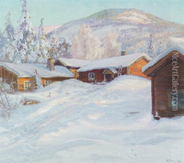 Norrlandskt Landskap Med Gard - Solig Vinterdag Oil Painting - Carl Brandt