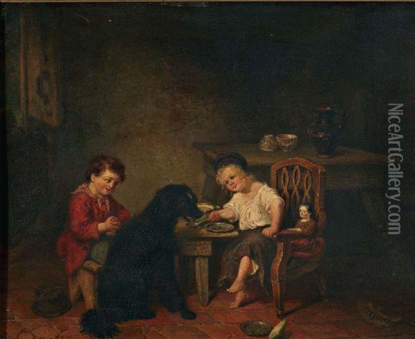 Spelende Kinderen En Een Welkome Gast Oil Painting - Jan J. Czn. Fabius