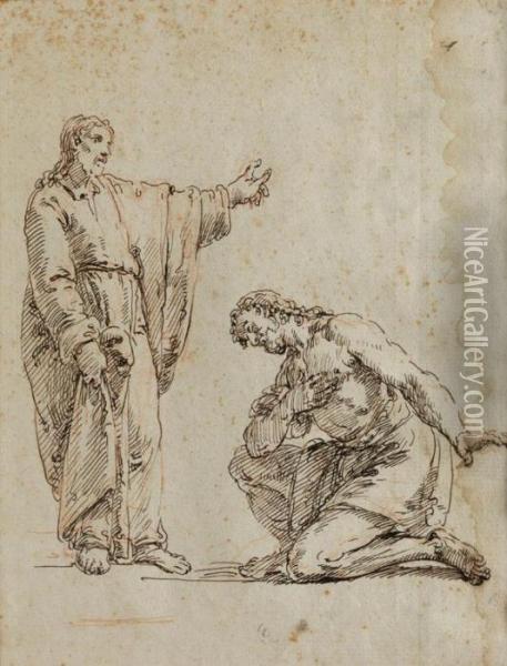 Der Heilige Johannes Baptist Vor Jesus Kniend Oil Painting - Francesco Fontebasso