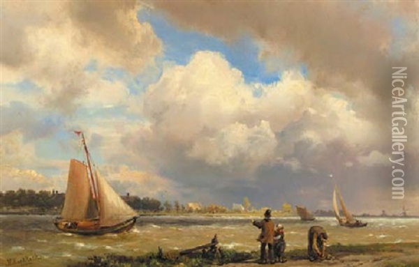 Figures On A Riverbank Watching Sailingboats Oil Painting - Hermanus Koekkoek the Elder