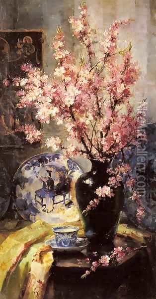 Apple Blossoms and Blue and White Porcelain on a Table Oil Painting - Frans Mortelmans