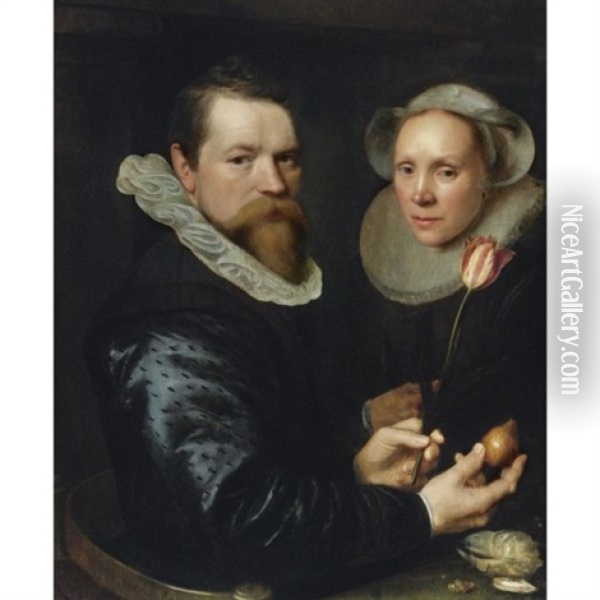 Double Portrait Of A Husband And Wife, He Holding A Tulip And Bulb, A Selection Of Shells On The Shelf Below Oil Painting - Michiel Janszoon van Mierevelt