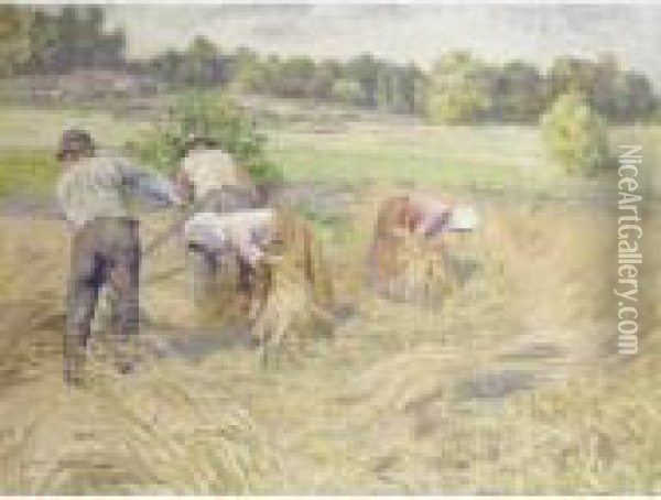Harvesters In A Landscape Oil Painting - Emil Lindgren