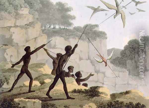 Throwing the Spear, aborigines hunting birds from New South Wales Oil Painting - John Heaviside Clark