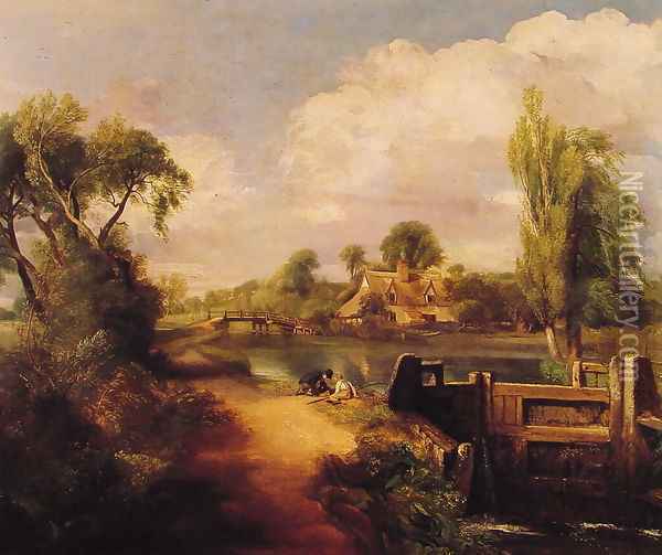 Landscape With Boys Fishing Oil Painting - John Constable