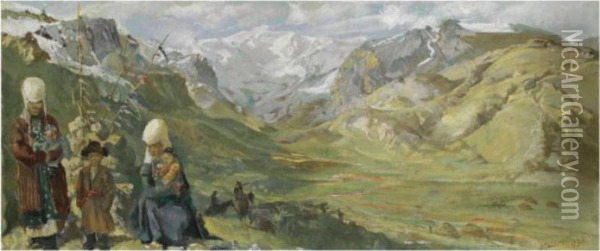 Kirghiz Women And Their Children In The Himalayas Oil Painting - Alexander Evgenievich Yakovlev