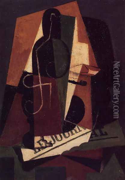 Bottle and Glass Oil Painting - Juan Gris