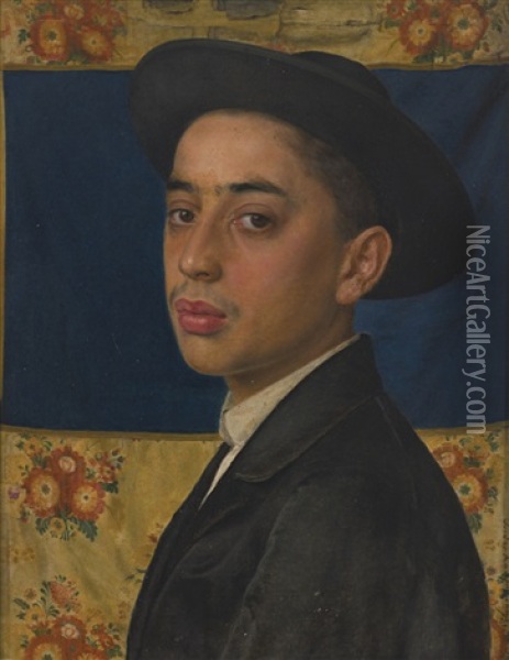 Young Man In Hat, Before A Parochet Oil Painting - Isidor Kaufmann