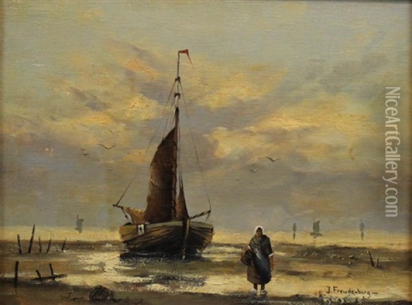 Coastal Scene With Fishing Boat Oil Painting - Jacobus Freudenberg