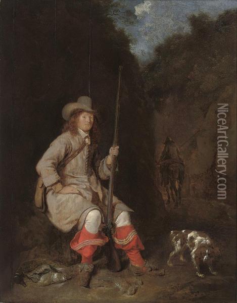 A Wooded Landscape With A Huntsman And His Hound Oil Painting - Ludolf de Jongh