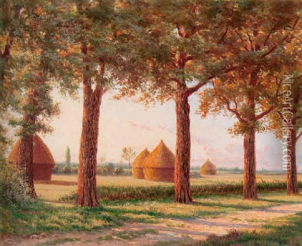 A Tree Lined Road With Haystacks In The Background Oil Painting - Eugene H. Frey
