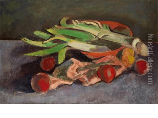 Leeks & Apples Oil Painting - Bernard Meninsky