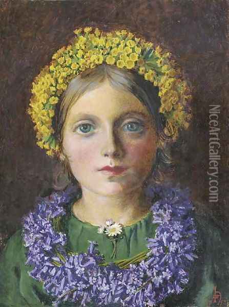 Portrait of a Girl, adorned with cowslips, bluebells and a daisy Oil Painting - Michael Frederick Halliday
