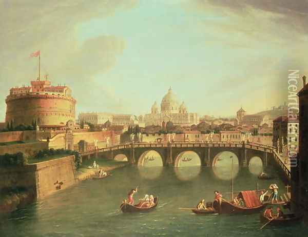 A View of Rome with the Bridge and Castel St. Angelo by the Tiber Oil Painting - Caspar Andriaans Van Wittel