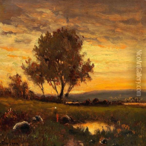 French Landscape At Sunset Oil Painting - Theodore Rousseau