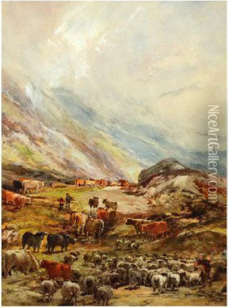 Driving Highland Cattle To Falkirk Tryst Oil Painting - George Fredrick Hargitt