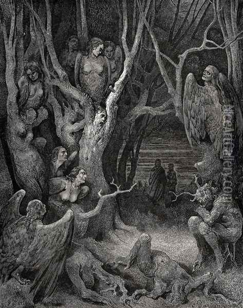 The Inferno, Canto 13, lines 11: Here the brute Harpies make their nest Oil Painting - Gustave Dore
