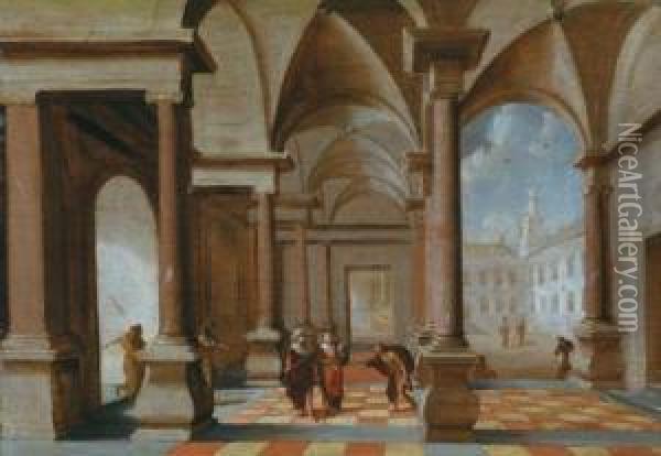 Interno Di Palazzo Con Un Sovrano Incoronato E Altre Figure Oil Painting - Jan J. Van Baden