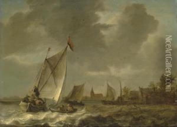 Coastal Landscape With Sailing Boats In Choppy Seas Oil Painting - Abraham Hendrickz Van Beyeren