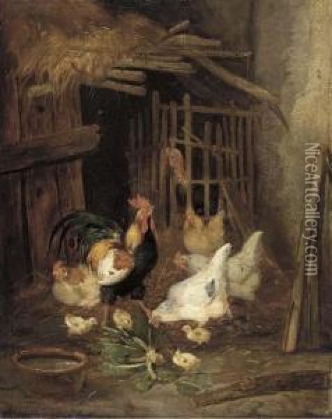 A Rooster, Chickens And Baby Chicks In An Interior Oil Painting - Claude Guilleminet