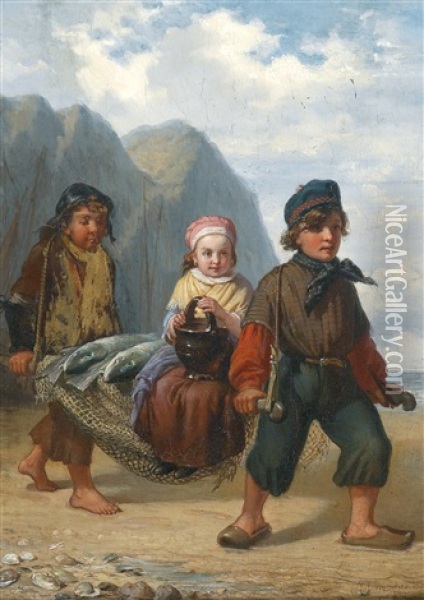 Fischerkinder Am Heimweg Mit Reicher Beute Oil Painting - Julius Wagner