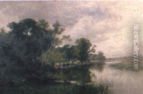 Landscape With Cows And River Oil Painting - Henry H. Parker