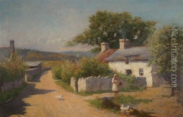 Cottage Scene With Girl By A Lane With Ducks Oil Painting - Willie Stephenson