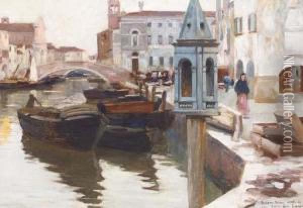 A Venetian Canal With Figures On The Quay Oil Painting - Pieretto Bortoluzzi Bianco