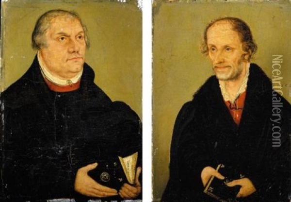Portrait Of Martin Luther, Half Length, Holding A Prayer Book (+ Portrait Of Philip Melanchthon, Half Length, Holding A Prayer Book; Pair) Oil Painting - Lucas Cranach the Younger