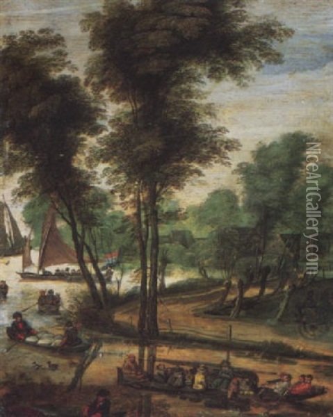 A Wooded Landscape With Peasants Travelling In A Boat Down River, Other Sailing Vessels And Cottages Beyond Oil Painting - Adriaen Van Der Cabel
