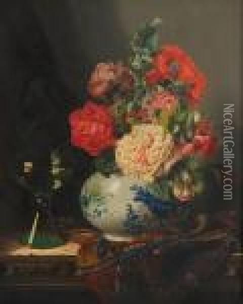 Rosesin A Chinese Vase Oil Painting - Edward Ladell