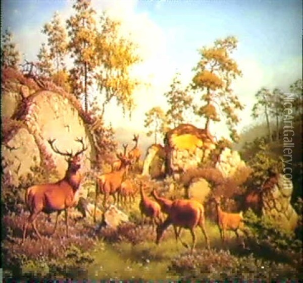 Deer In A Hilly Landscape In Springtime Oil Painting - Carl Henrik Bogh