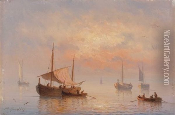 Barques De Peche Au Soleil Levant Oil Painting - Henriette Gudin