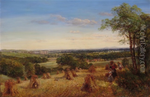 Harvesters In An Extensive Landscape, A Castle Beyond Oil Painting - Charles Thomas Burt