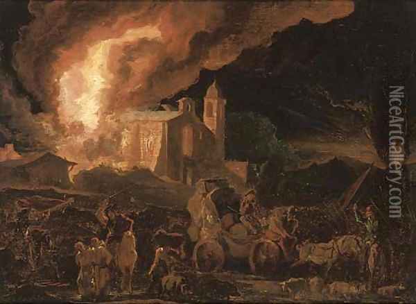Soldiers sacking a burning monastry Oil Painting - Abraham Danielsz. Hondius