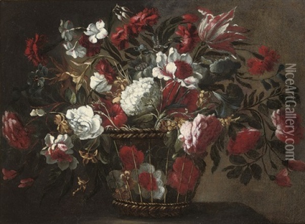 Tulips, Roses, Hydrangas And Other Flowers In A Wicker Basket On A Ledge Oil Painting - Juan De Arellano