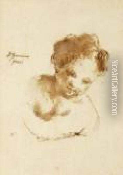 Attributed To Giovanni Guercino . Study Of A Child Oil Painting - Guercino