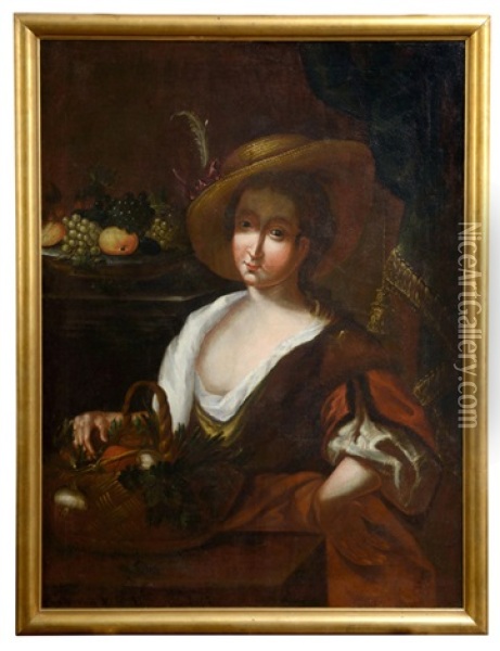 Junges Madchen Mit Obst Und Gemuse Als Allegorie Es Herbstes Oil Painting - Johann Baptist Bommer