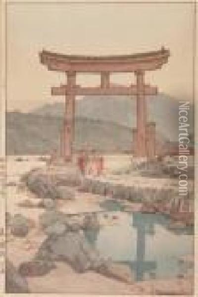 Benten Shrine In Nezumigaseki, 
Color Woodcut, 1939, Pencil Signed In Roman Script Hiroshi Yoshida , 
Jizuri Seal. - Oban: 41 X 27 Cm Oil Painting - Hiroshi Yoshida