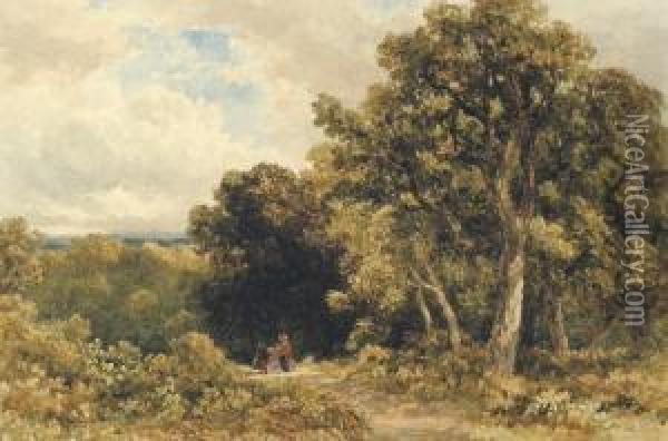 A Wooded Landscape With Figures On A Track Oil Painting - William James Bennett