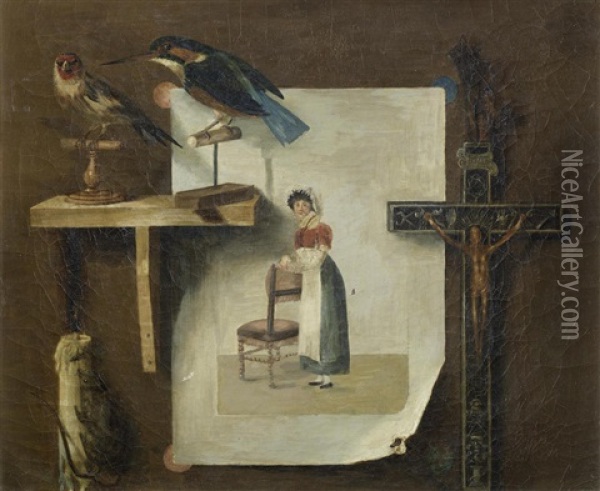 A Trompe L'oeil, With A Goldfinch And Kingfisher Together With An Engraving, A Candle And A Crucifix Oil Painting - Gabriel-Germain Joncherie