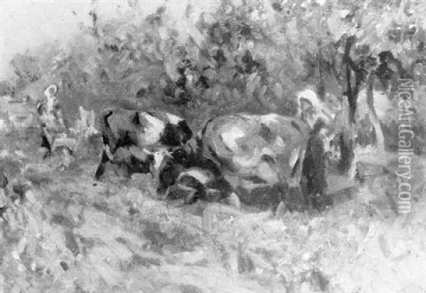 Cattle Grazing Oil Painting - Mark William Fisher