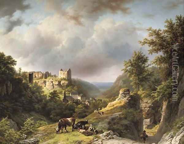 Figures on a mountain pass with the village and the Chateau of Larochette in the distance, Luxembourg Oil Painting - Barend Cornelis Koekkoek