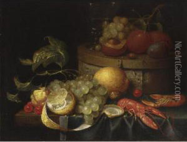 A Still Life With Crayfish, Grapes, Lemons, Cherries, Walnuts, A Box With A Berkemeier And Peaches, All On A Draped Table Oil Painting - Guilliam van Deynum