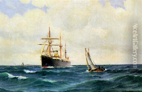 Marine Med Dampskib Fra Det Ostasiatiske Kompagni Og Jolle, Antagelig I Oresund Oil Painting - Vilhelm Victor Bille