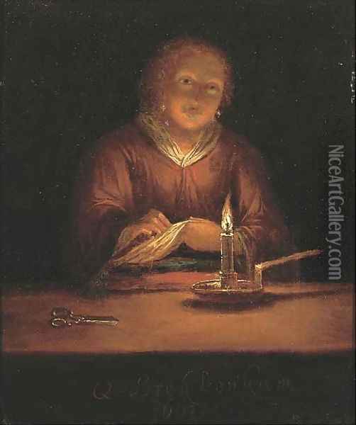 A lady sewing by candlelight 2 Oil Painting - Godfried Schalcken