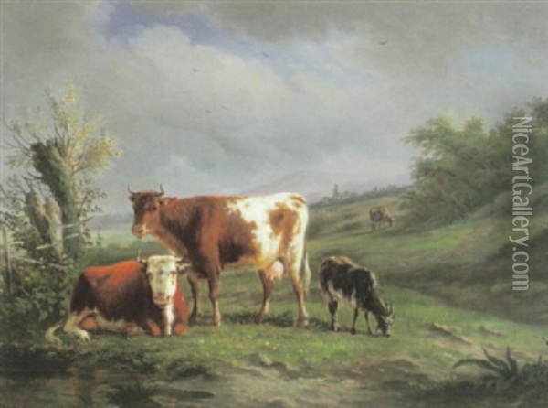 Sommerliche Weidelandschaft Mit Kuhen Und Geisbock Oil Painting - Karl Cartier