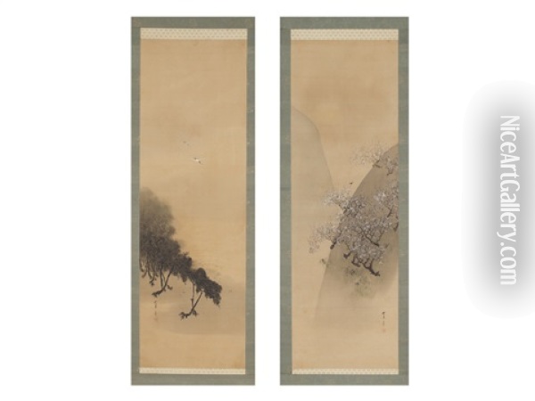 Landscape (a Pair Of Scrolls) Oil Painting - Shotei Watanabe
