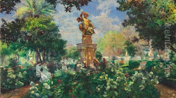 In The Park, Seville Oil Painting - Manuel Garcia y Rodriguez